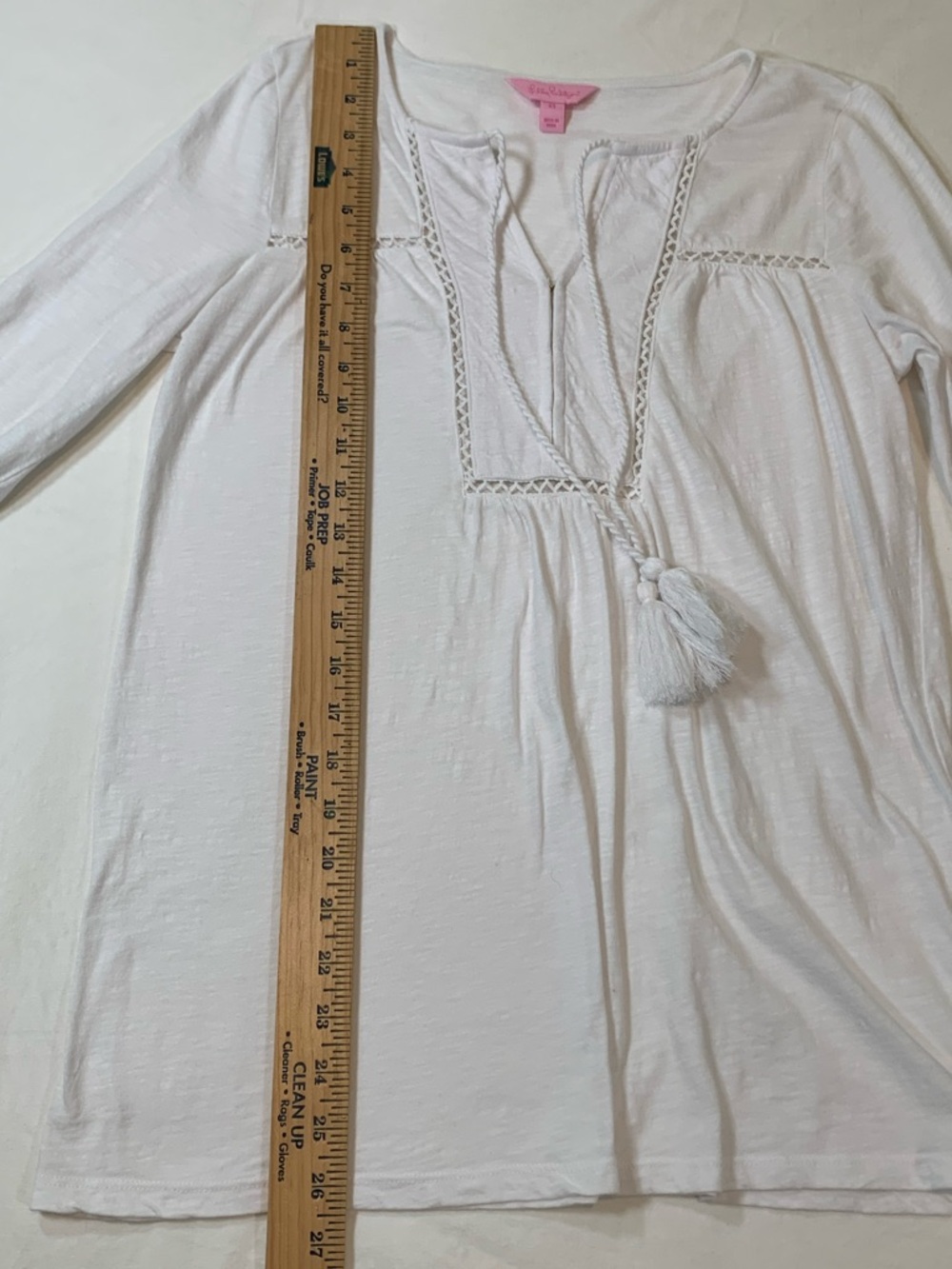 Lilly Pulitzer White Boho Peasant Tunic XS Tassel Tie Neck Resort Top - Picture 9 of 13